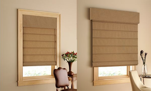 Fabric Roman Shades can be mounted inside or outside of window moldings