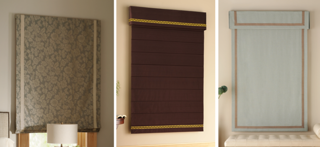 Fabric roman shades can be decorated with tapes and trims